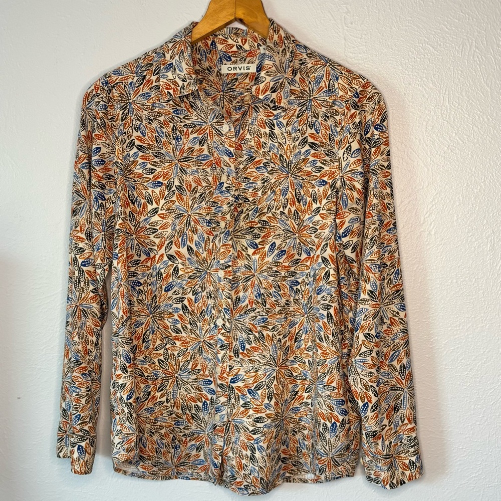 Orvis Autumn Leaf Print Blouse 100% Silk Size Small